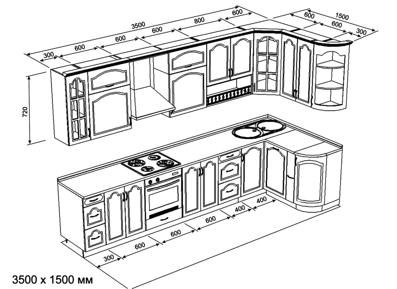 план угловой кухни с размерами и мебелью