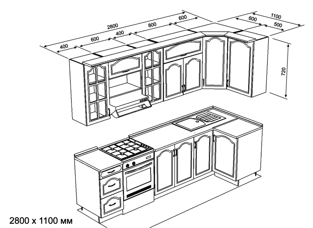 Кухонный гарнитур 3м угловой чертеж