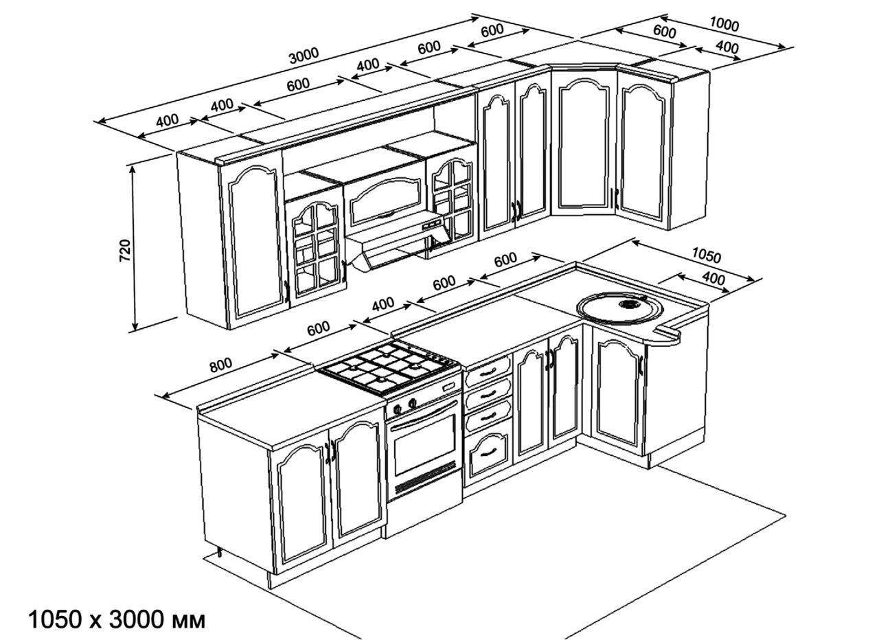 размеры кухонной мебели и техники