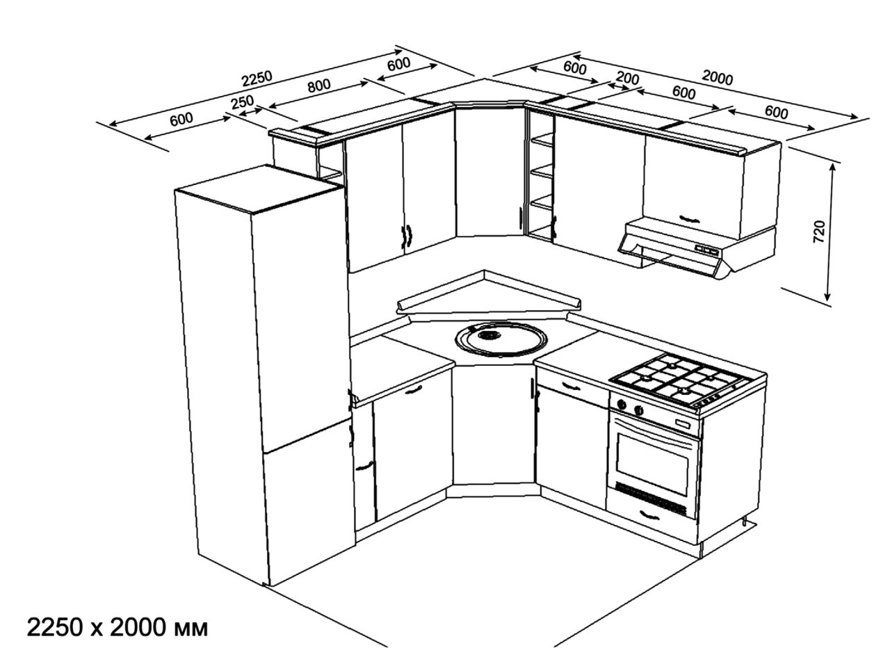 Угловая кухня чертеж