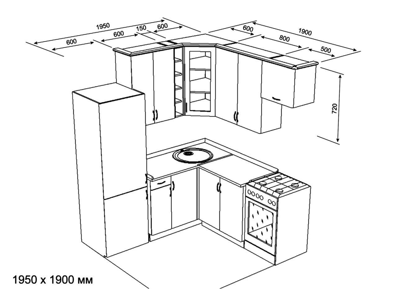 Чертеж кухни с размерами угловой в хрущевку