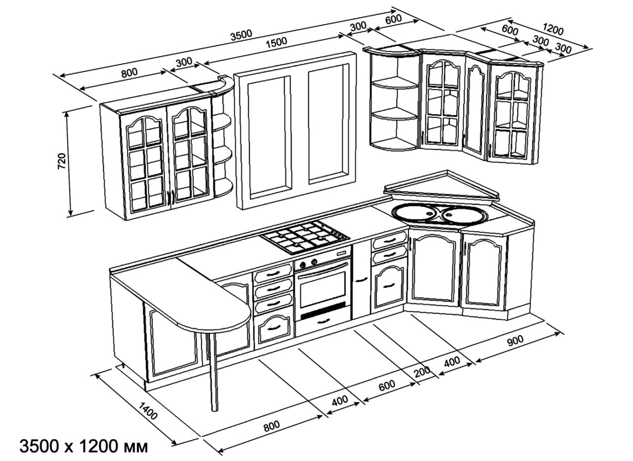 Эскиз угловой кухни 1200х2500