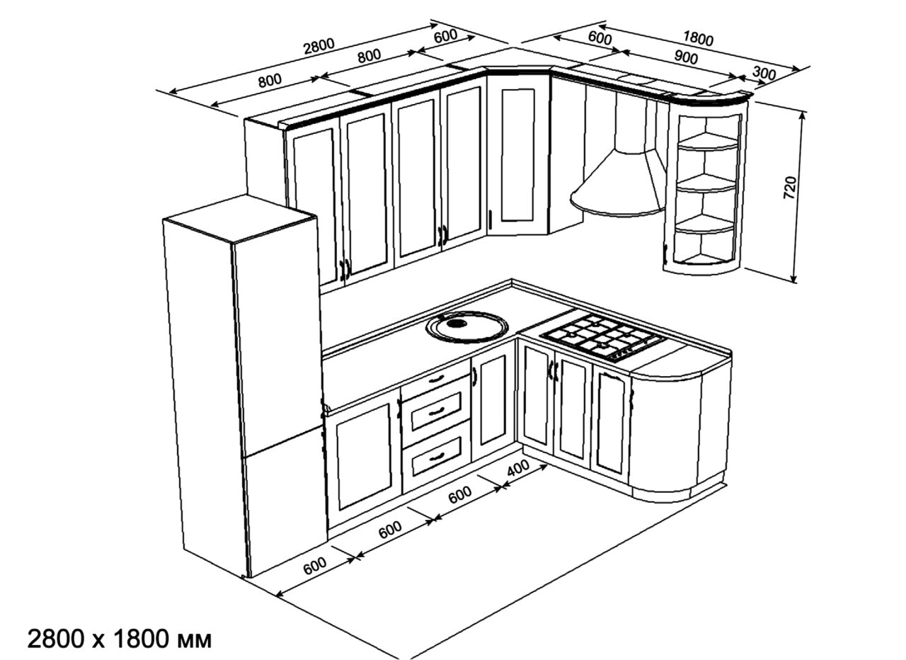проект угловой кухни с размерами шкафов левый угол
