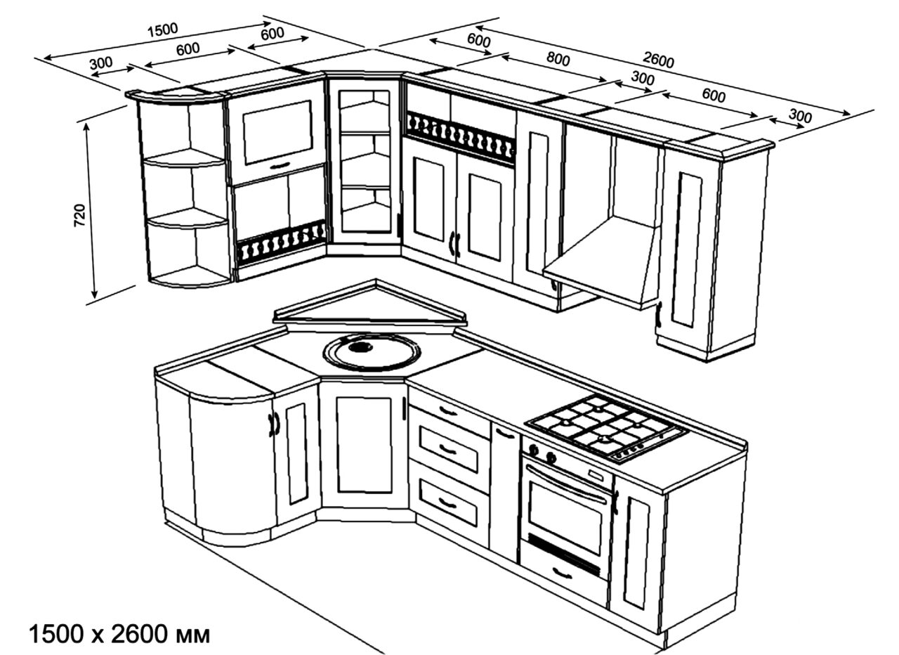 Угловая кухня чертеж