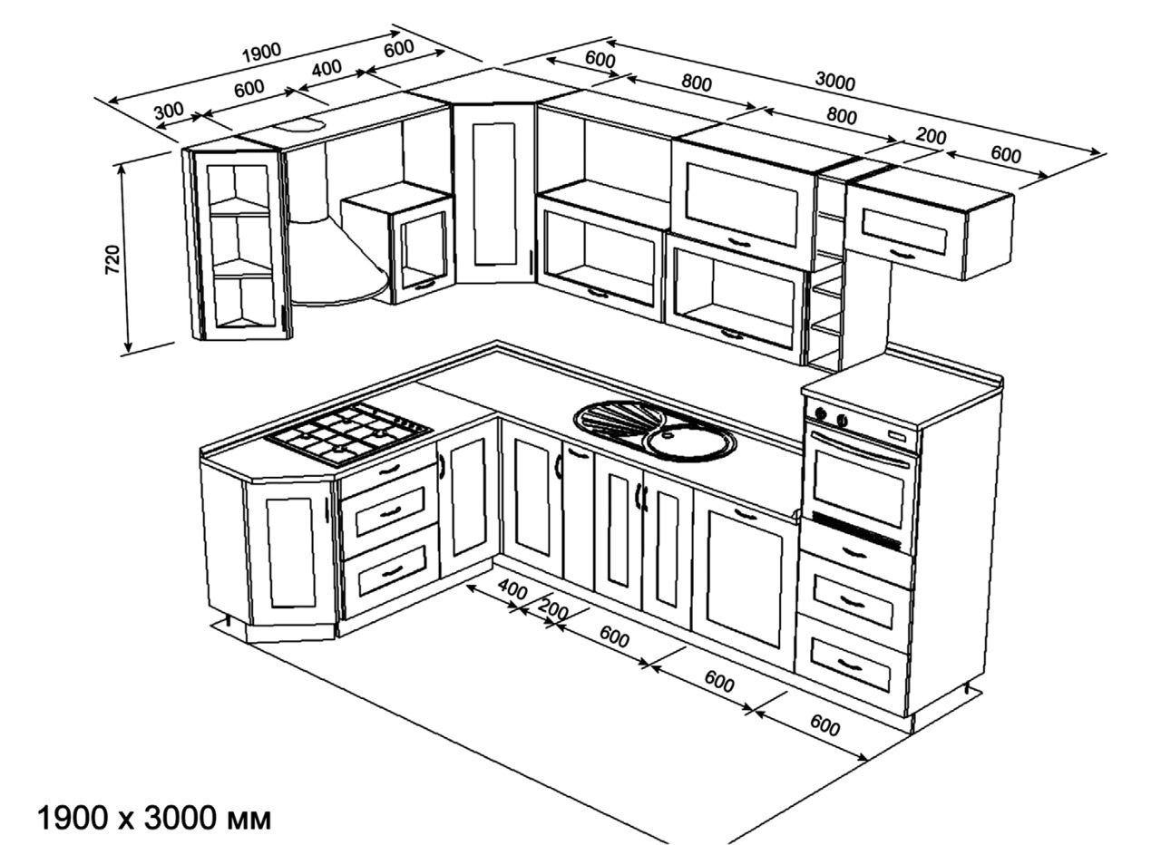план угловой кухни с размерами и мебелью