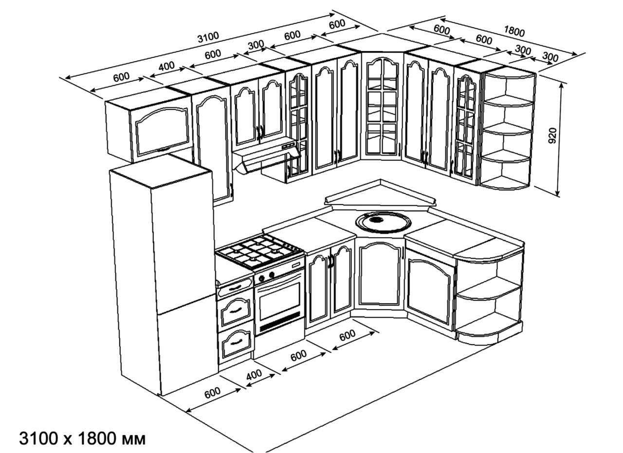 Угловая кухня чертеж