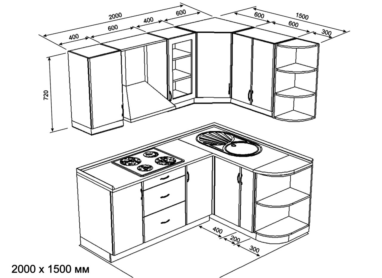 план угловой кухни с размерами и мебелью