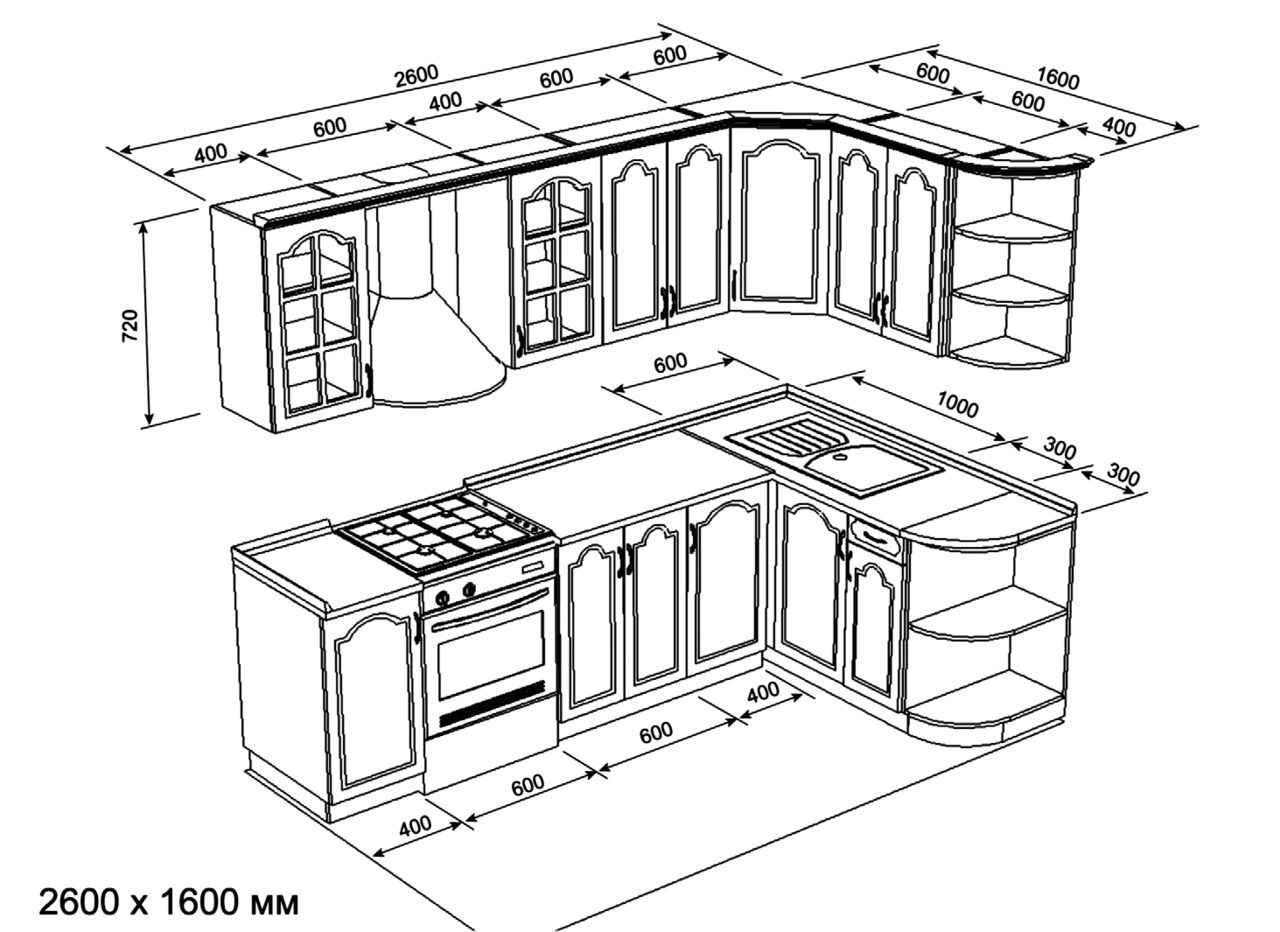 Чертеж кухни с размерами угловой на 9 кв м