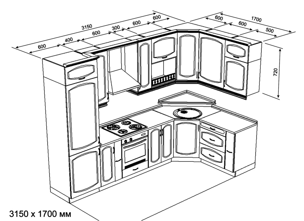 Чертежи угловой кухни с размерами