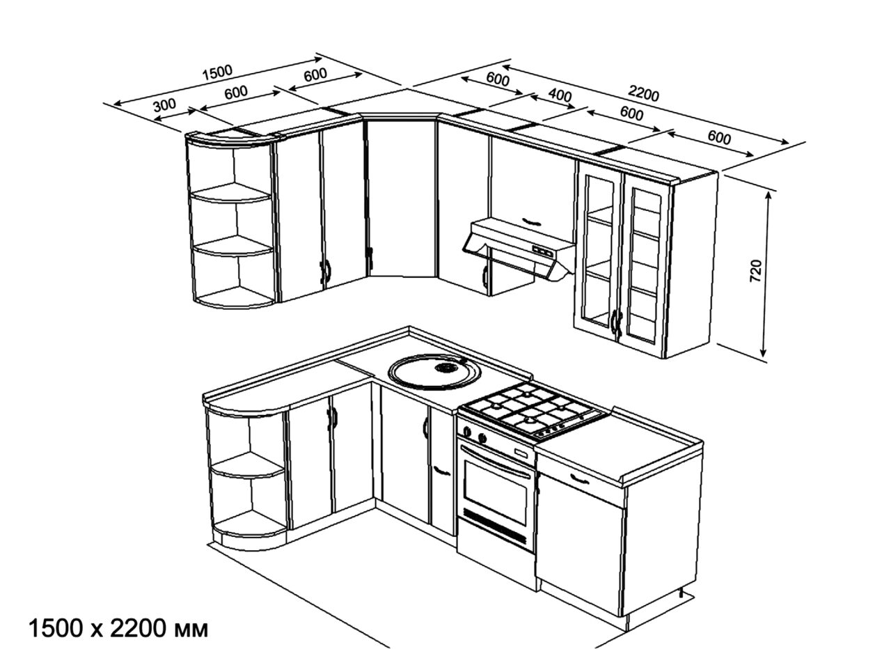 чертеж кухни с угловой плитой