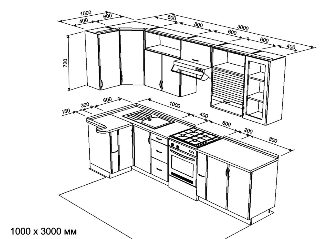 Угловой кухонный гарнитур схема с размерами